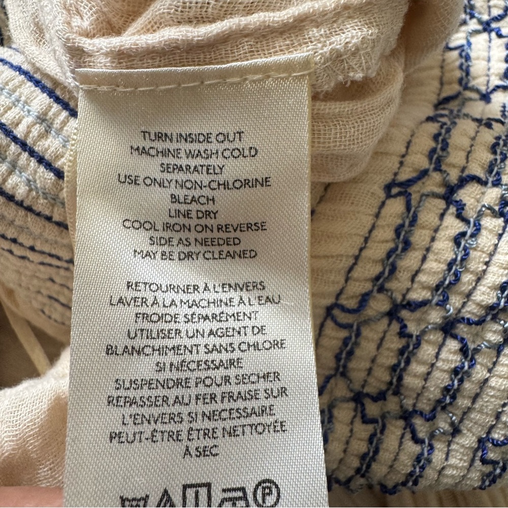 Free People Dahlia Cream Blue Smocked Embroidered Jumpsuit size XL - Picture 14 of 16
